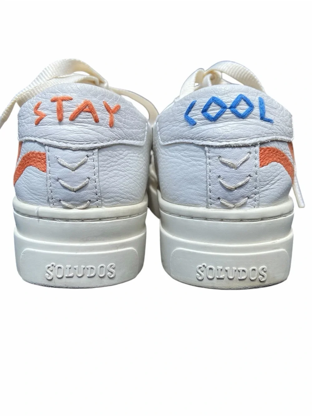 Anthropologie White Leather Sneakers with Blue & Orange Sunburst Embroidery